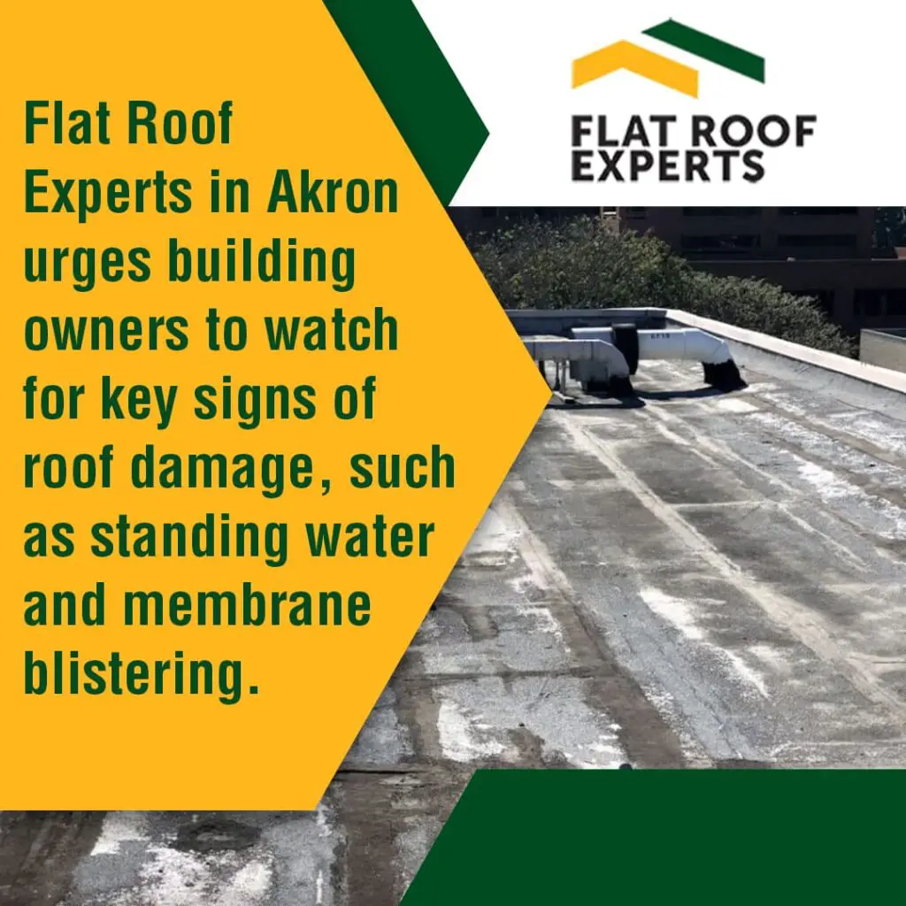 A weathered flat roof with standing water and signs of membrane blistering, next to text advising building owners to watch for signs of roof damage.