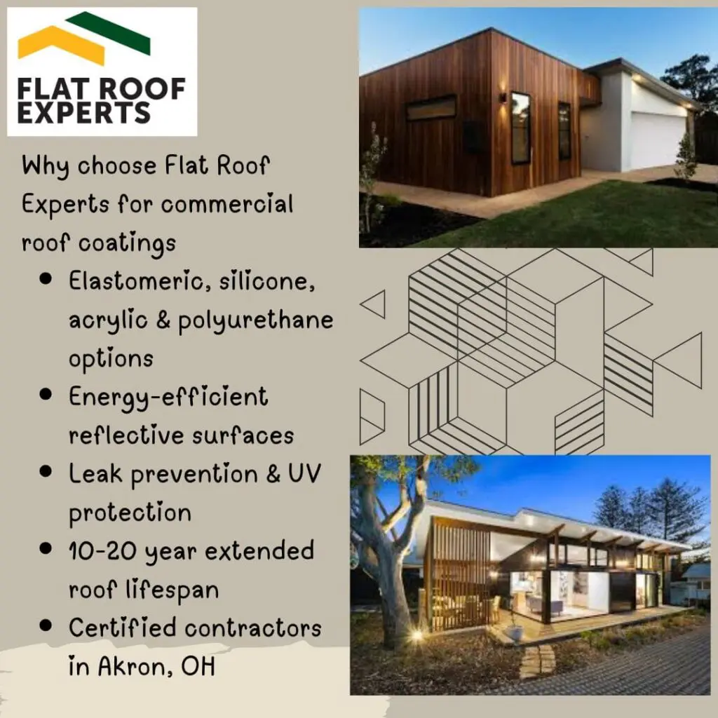 An advertisement for Flat Roof Experts featuring their logo and a collage of modern buildings with flat roofs.