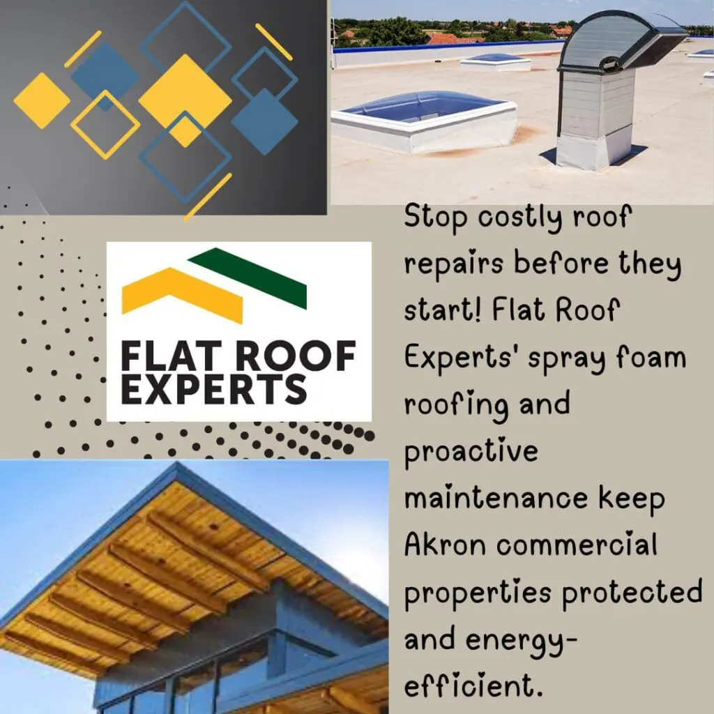 A marketing image for Flat Roof Experts' spray foam roofing and maintenance services. The image shows a modern building with a distinct wooden roof, a commercial flat roof with two skylights, and the company logo.