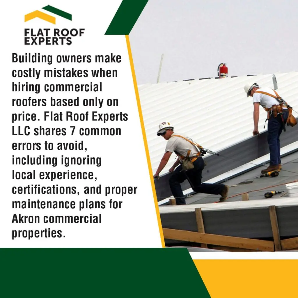 A "Flat Roof Experts" ad addressing common mistakes in hiring commercial roofers, particularly in Akron. Two roofers are installing dark panels on a commercial roof.