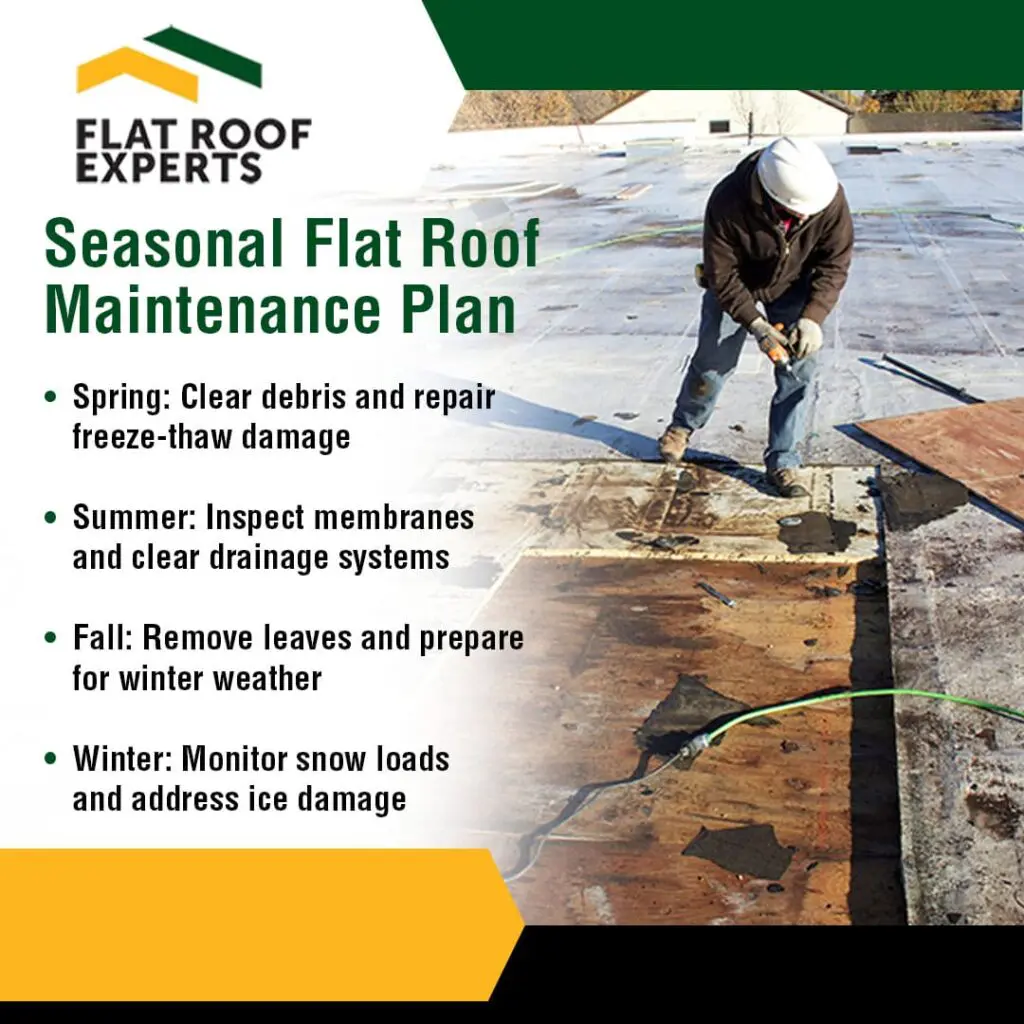 A "Flat Roof Experts" infographic detailing seasonal flat roof maintenance. The image shows a worker on a flat roof, repairing a section. The text lists tasks for Spring, Summer, Fall, and Winter.