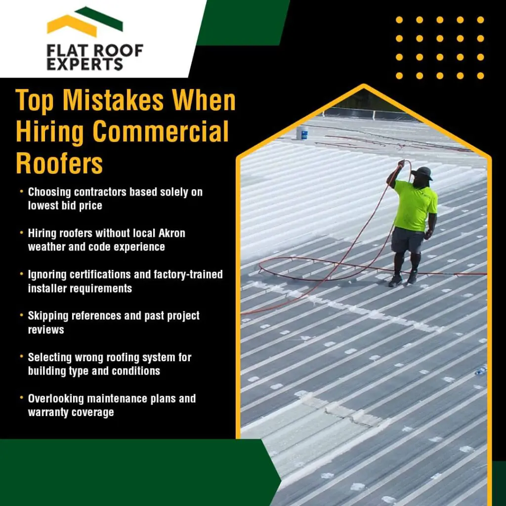 An infographic from "Flat Roof Experts" listing "Top Mistakes When Hiring Commercial Roofers." A worker in a green shirt is on a commercial flat roof, applying a coating with a hose.