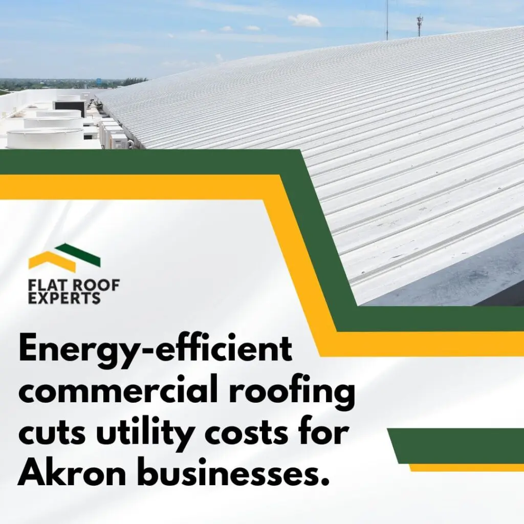 A promotional graphic for Flat Roof Experts featuring a large, white corrugated metal commercial roof under a blue sky.