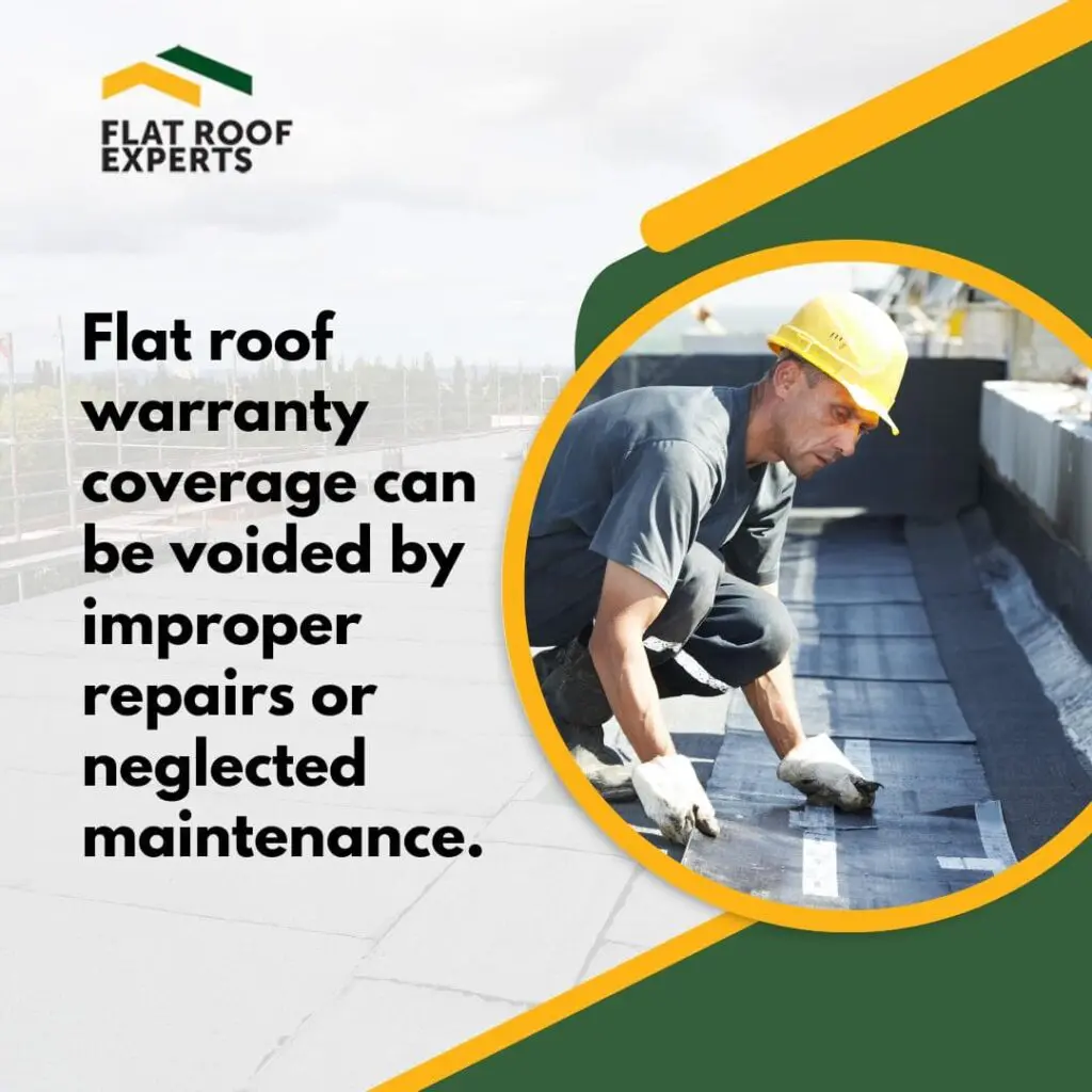 A promotional graphic from Flat Roof Experts showing a professional roofer in a yellow hard hat performing a repair on a commercial flat roof.