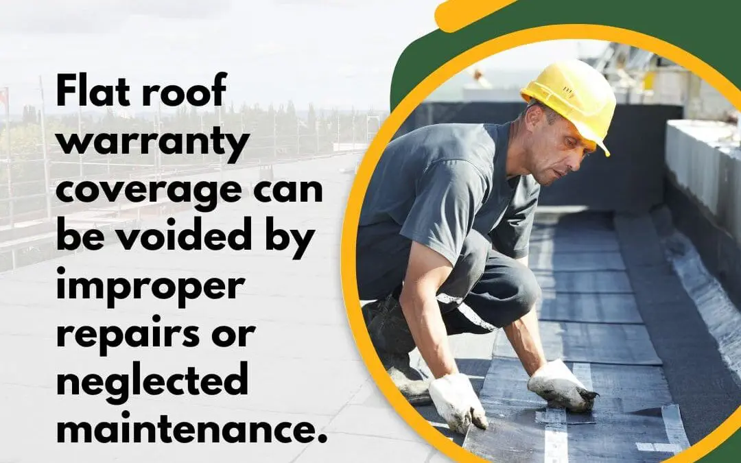 A promotional graphic from Flat Roof Experts showing a professional roofer in a yellow hard hat performing a repair on a commercial flat roof.