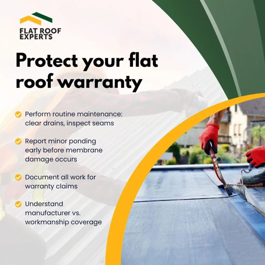 Infographic by Flat Roof Experts detailing how to protect a flat roof warranty through routine maintenance, early ponding reports, and proper documentation.
