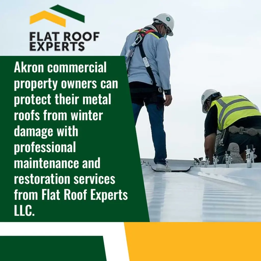 Commercial metal roof maintenance and restoration services in Akron by Flat Roof Experts LLC.