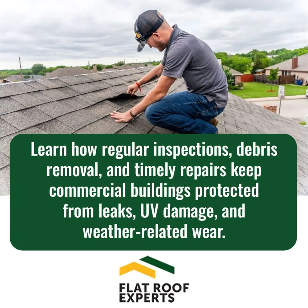 A roofing professional in a grey polo and baseball cap inspects a shingle roof.