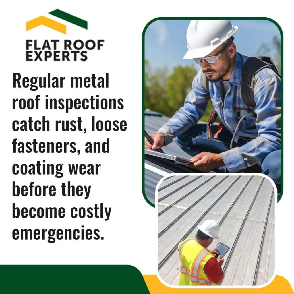 an inspector in a hard hat and safety glasses taking notes, while the bottom image shows a worker in a safety vest using a tablet on a large-standing seam metal roof