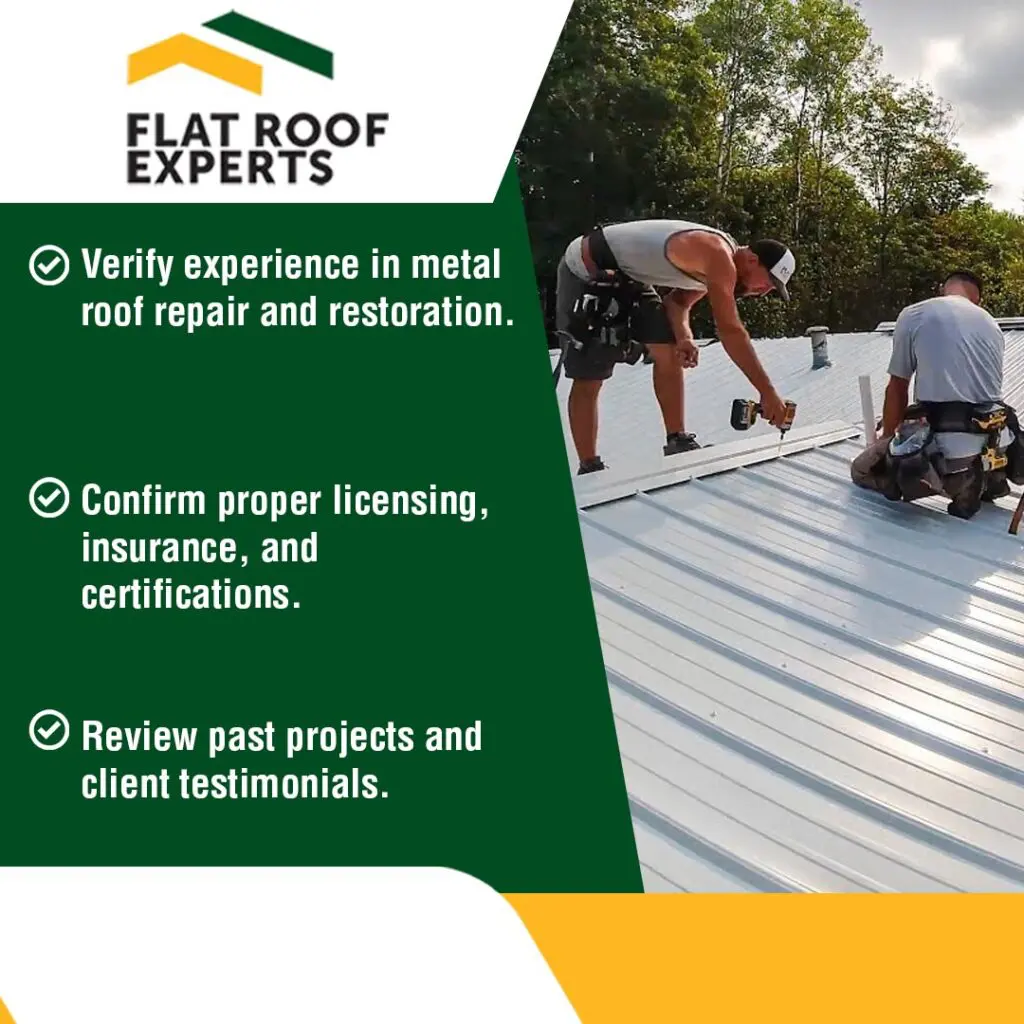 Roofing contractors repairing metal roof with tools during residential roofing project