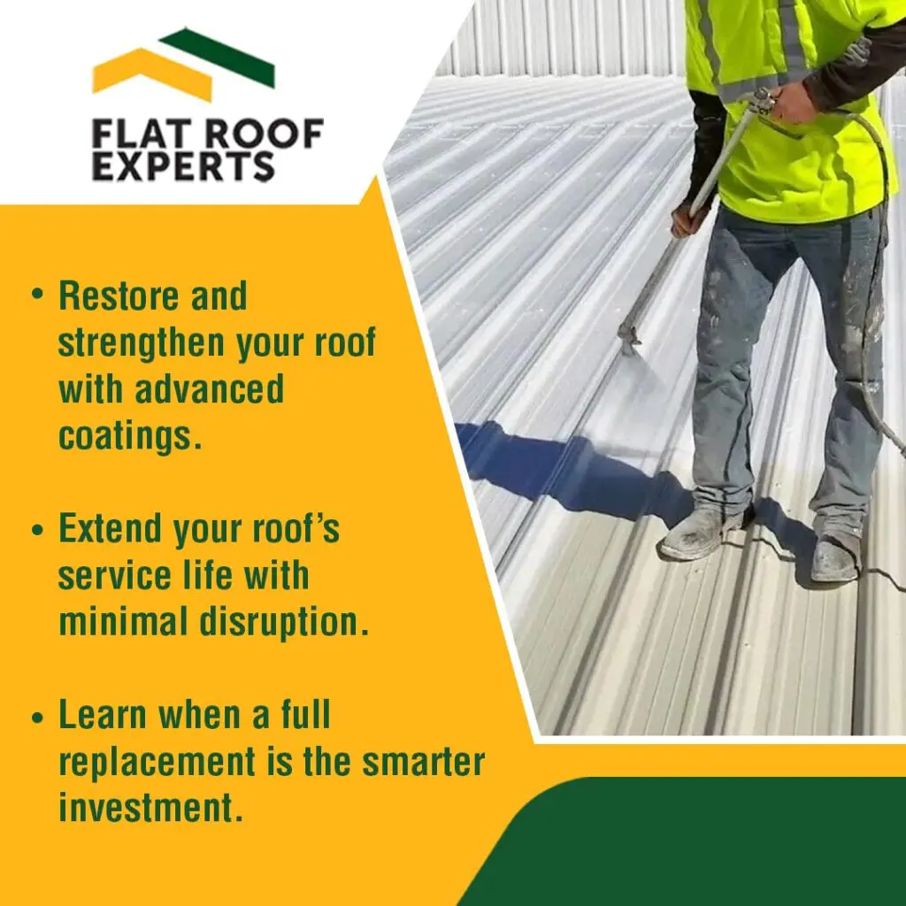 Worker applying roof coating on metal roof to restore and extend roof lifespan