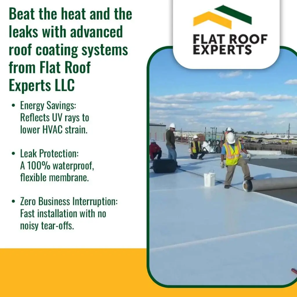 Commercial roofing crew installing white reflective roof coating system for energy savings and leak protection