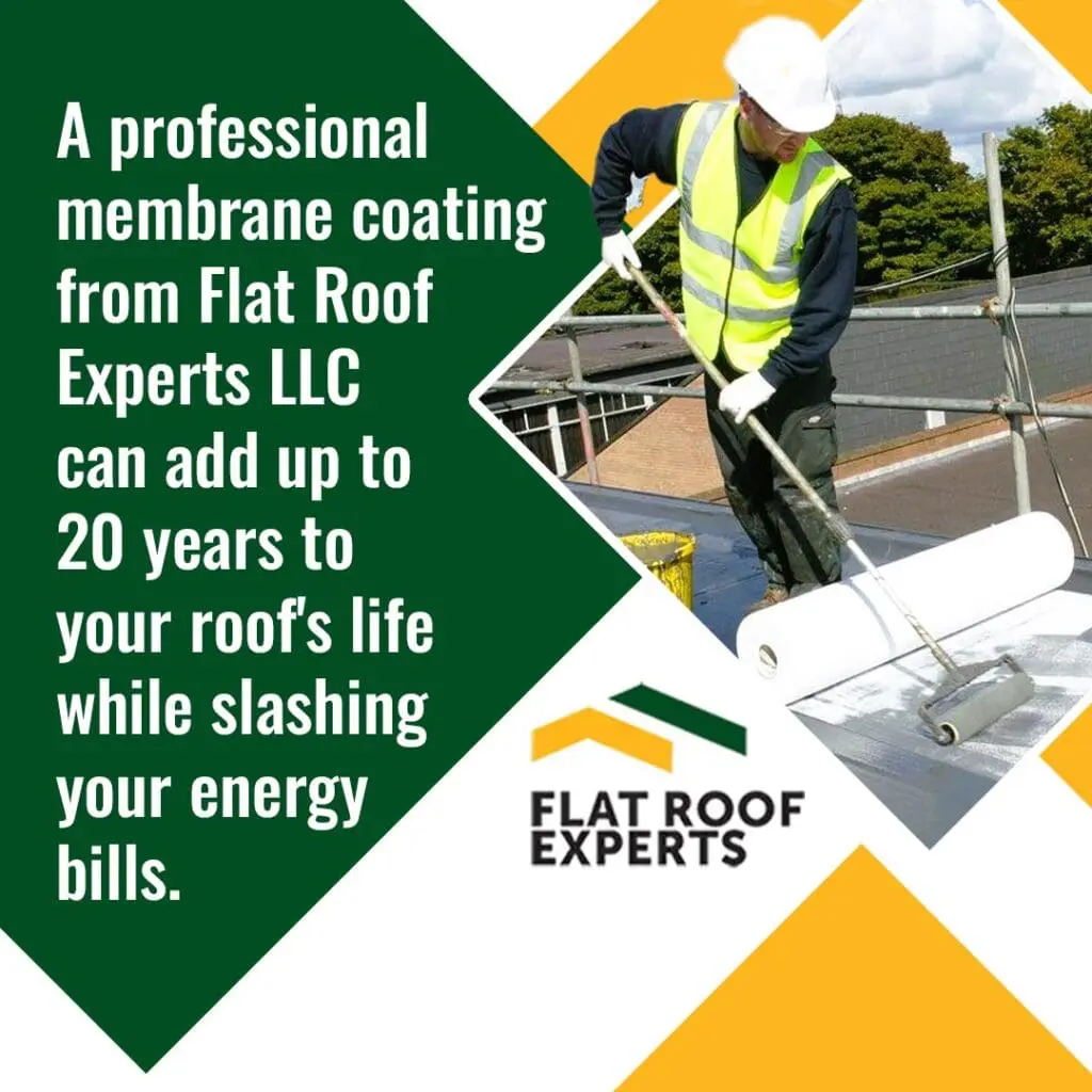 Worker applying reflective membrane coating on flat roof to extend lifespan and improve energy efficiency