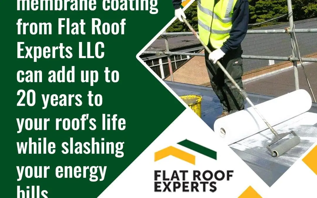 Worker applying reflective membrane coating on flat roof to extend lifespan and improve energy efficiency