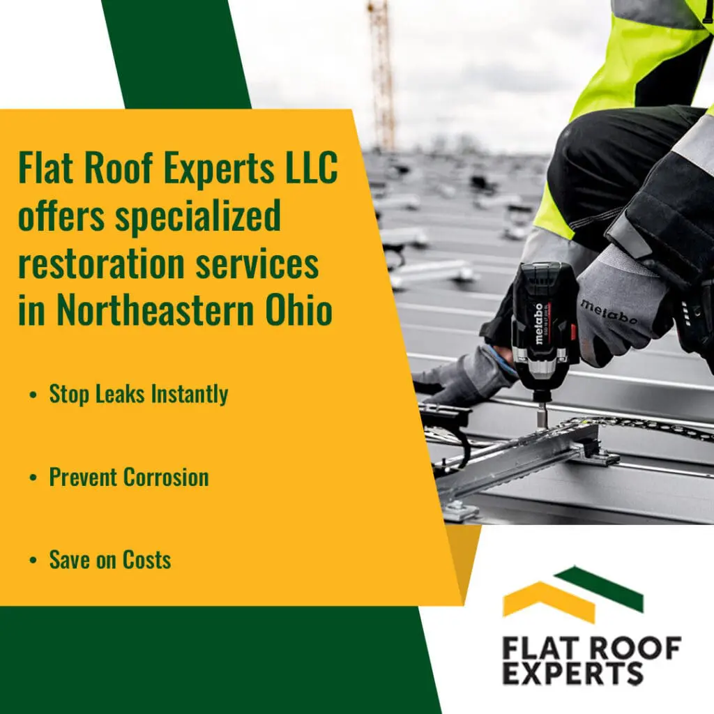 Flat roof technician installing metal roofing panels with drill to prevent leaks and corrosion in commercial building