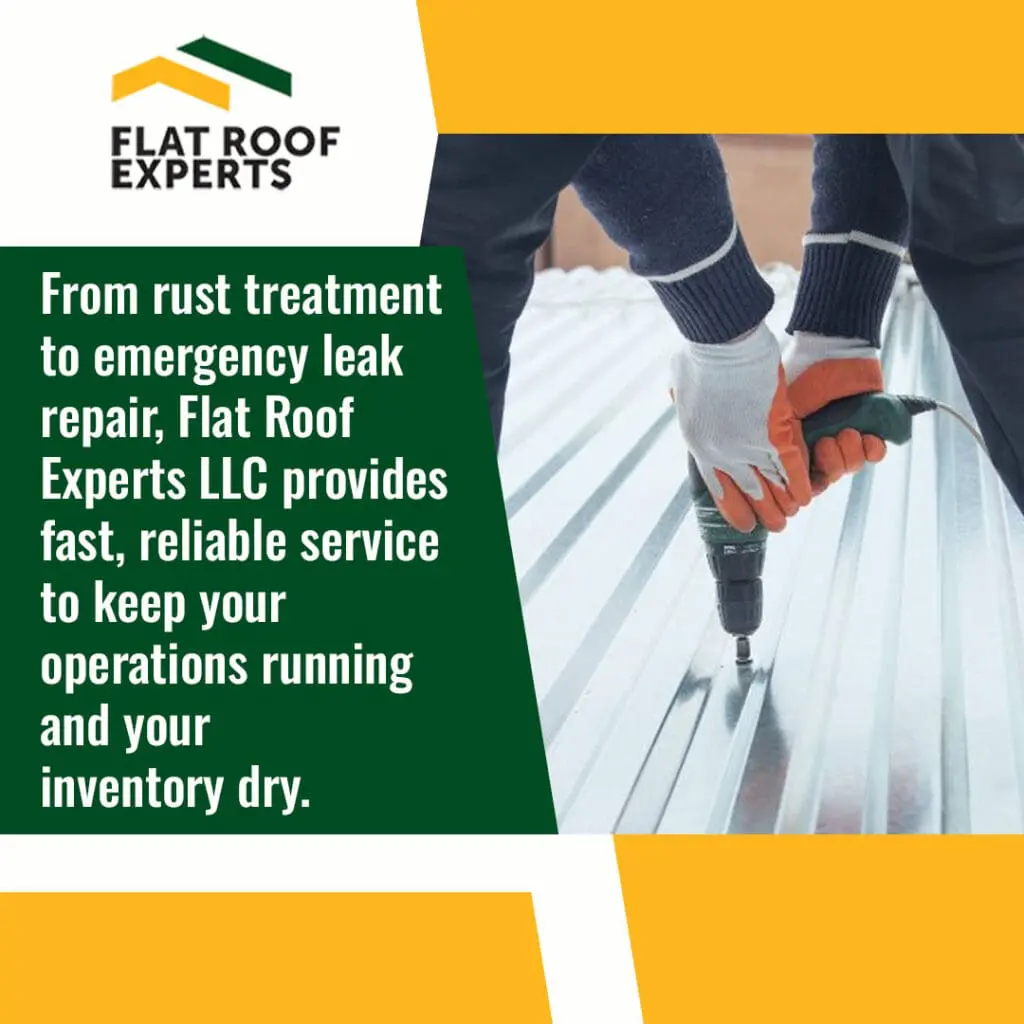 Contractor repairing metal flat roof panel using drill for leak repair and rust treatment on commercial property