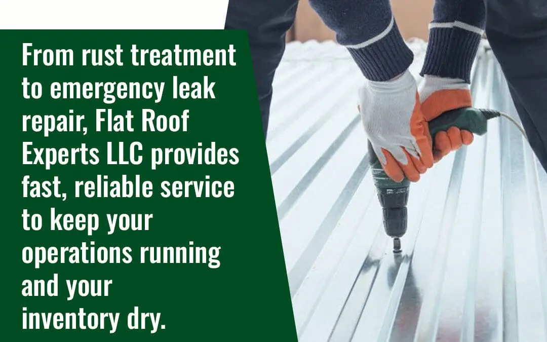 Contractor repairing metal flat roof panel using drill for leak repair and rust treatment on commercial property