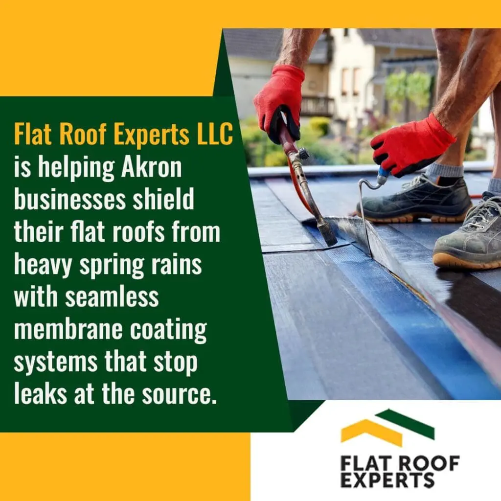 Commercial flat roof membrane coating installation protecting Akron businesses from spring rain leaks