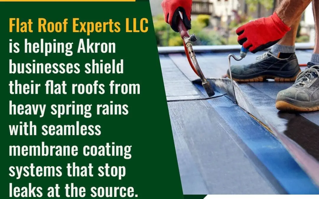 Commercial flat roof membrane coating installation protecting Akron businesses from spring rain leaks
