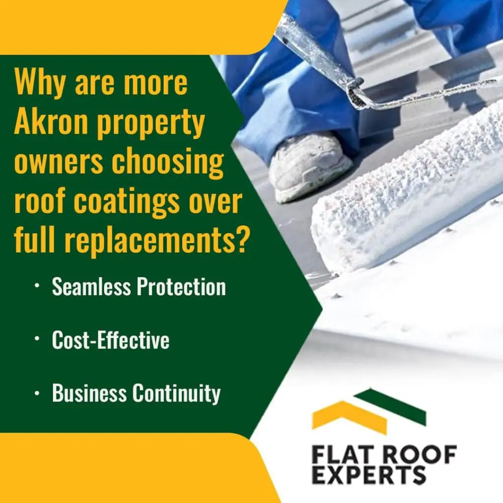 Roofing contractor applying seamless roof coating on a commercial flat roof in Akron, Ohio