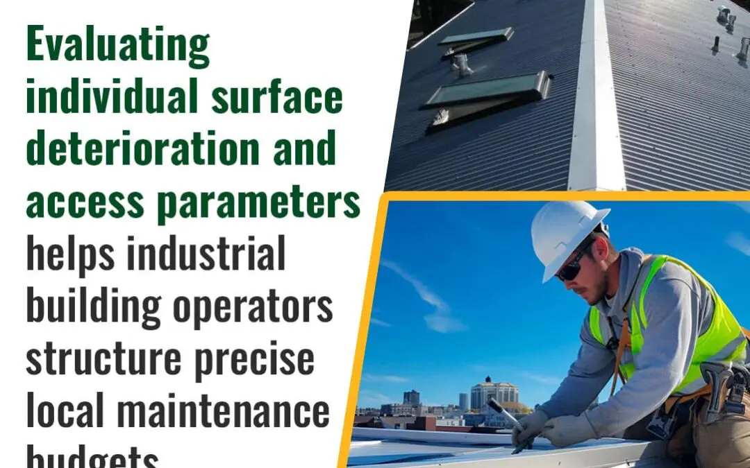 Flat Roof Experts LLC infographic about evaluating roof surface deterioration, featuring a commercial metal roof with skylights and an industrial roofer sealing seams to help operators structure local maintenance budgets.