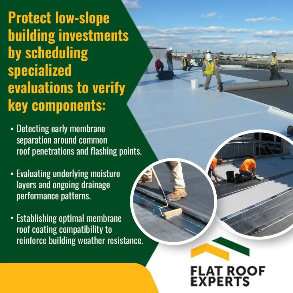Flat Roof Experts LLC infographic detailing specialized evaluations for low-slope roofs, showing commercial roofers installing a new white membrane and applying liquid roof coating to protect building investments.