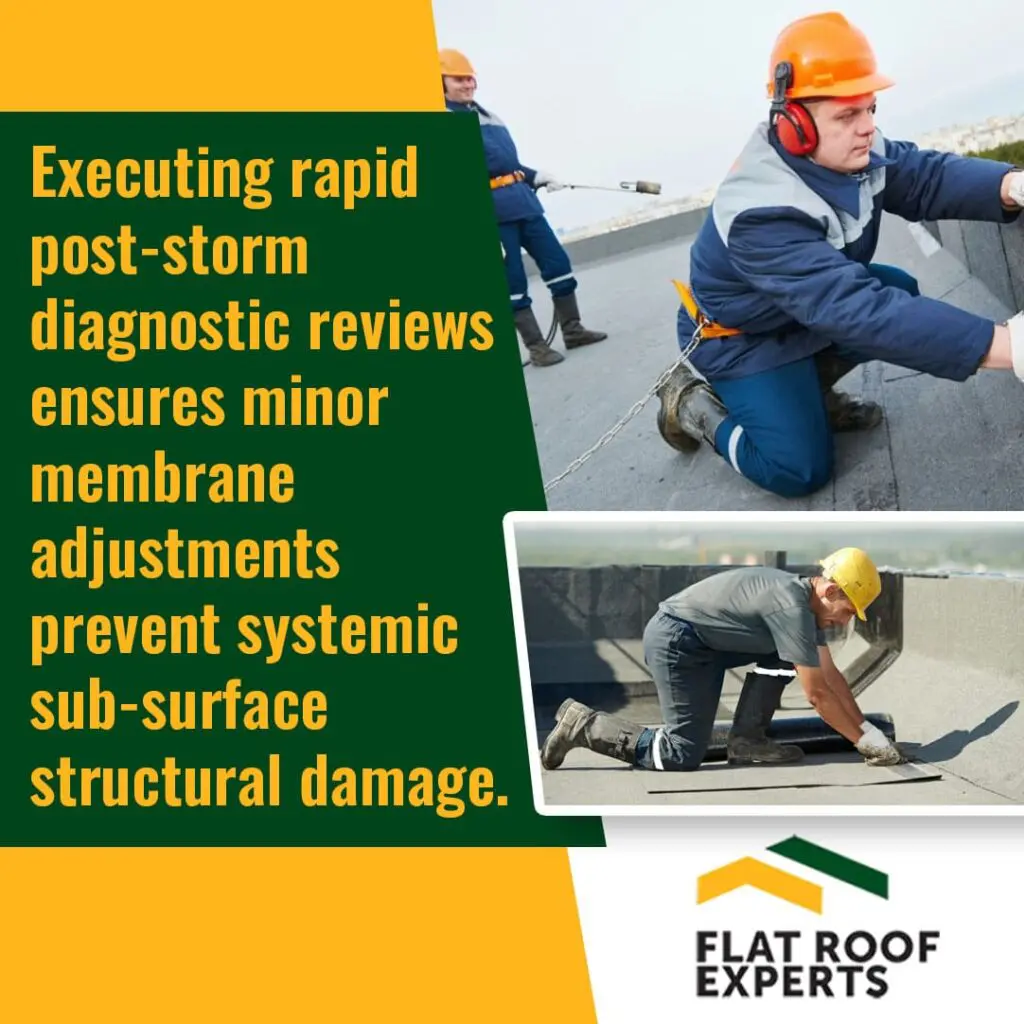 Flat Roof Experts LLC infographic explaining the importance of post-storm diagnostic reviews, featuring roofing professionals inspecting and adjusting flat roof membranes to prevent sub-surface structural damage.