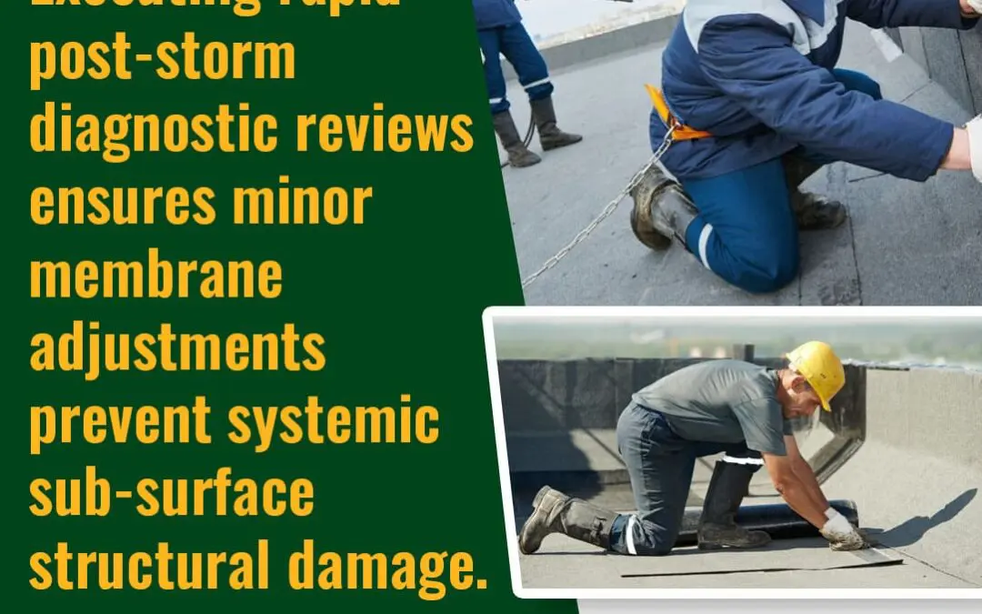 Flat Roof Experts LLC infographic explaining the importance of post-storm diagnostic reviews, featuring roofing professionals inspecting and adjusting flat roof membranes to prevent sub-surface structural damage.