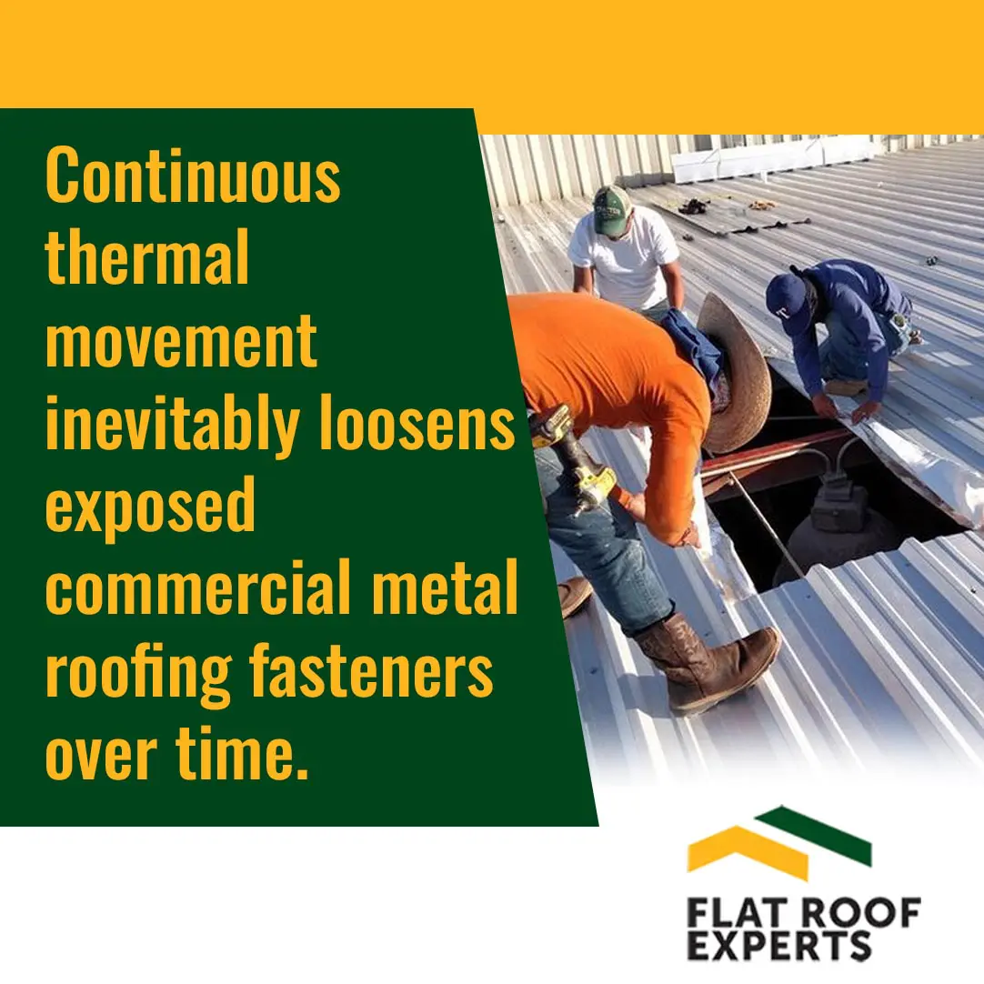 Roofing contractors inspecting and securing fasteners on a commercial metal roof to prevent damage from thermal movement.