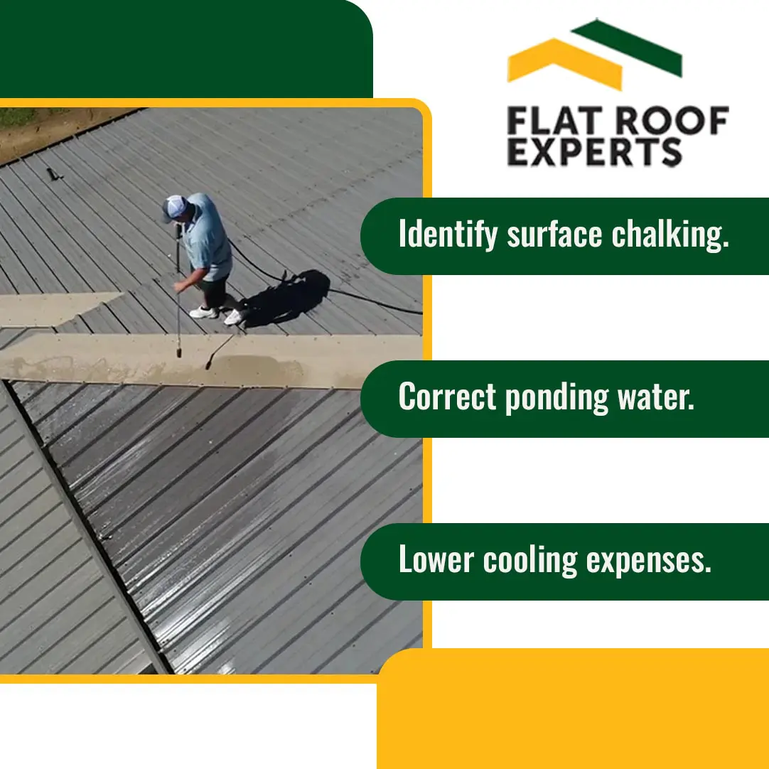 A worker pressure washing a commercial metal roof, featured alongside key maintenance benefits from Flat Roof Experts.