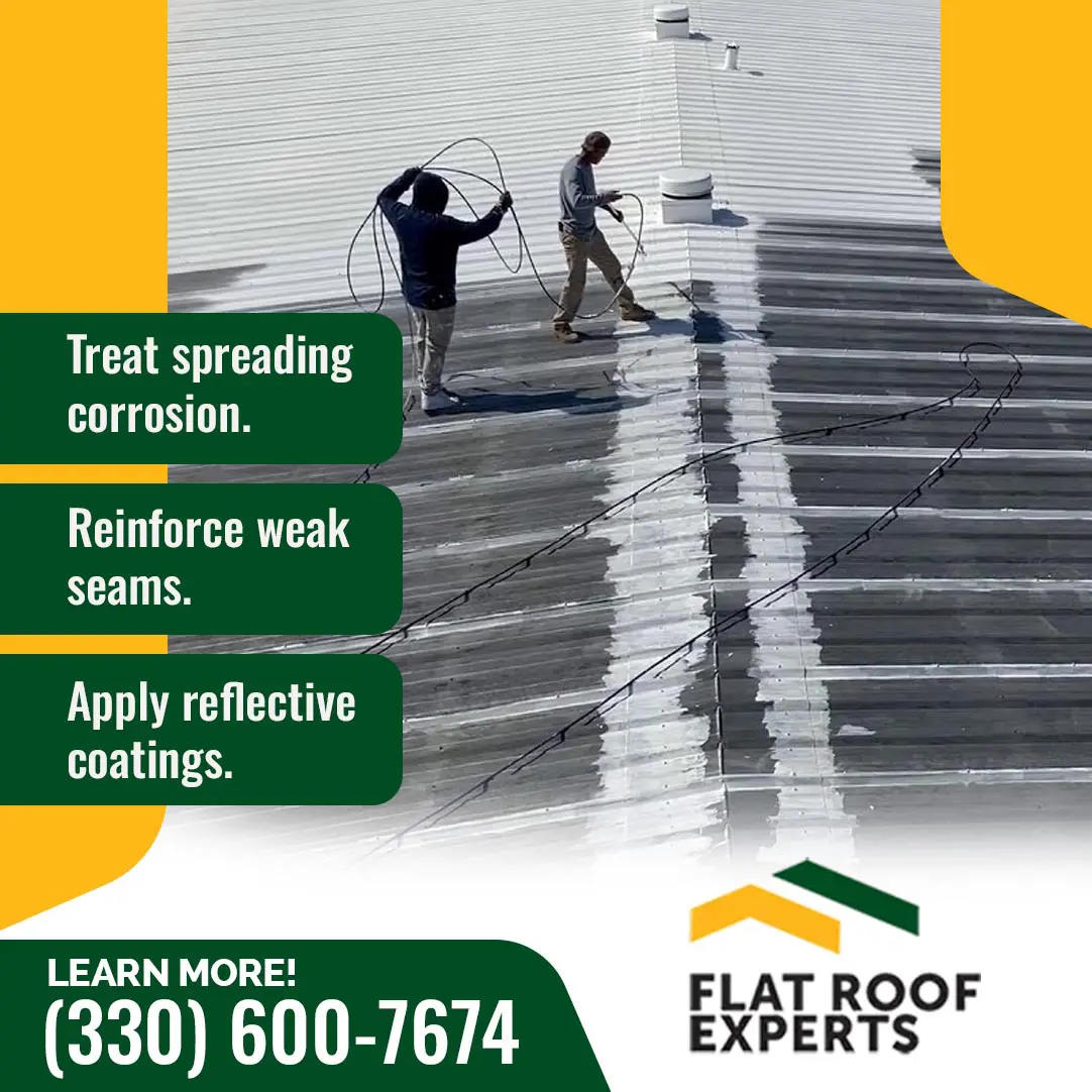 Two roofers applying white reflective coating to a large metal commercial roof, featured alongside key service highlights and contact info for Flat Roof Experts.