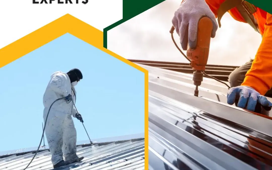 Side-by-side view of a contractor in protective gear spray-coating a metal roof and a technician using a drill to secure roof panel fasteners, with Flat Roof Experts branding.