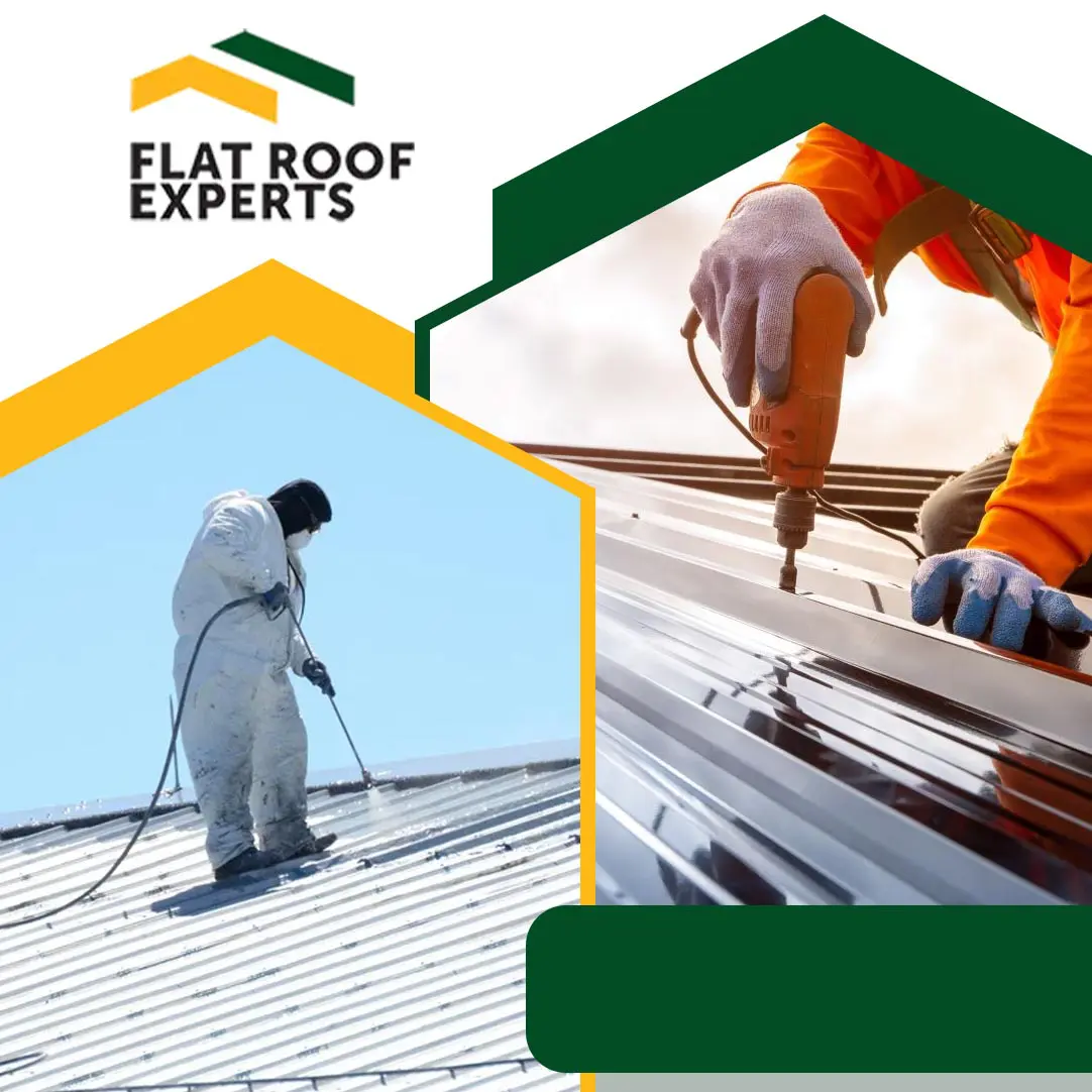 Side-by-side view of a contractor in protective gear spray-coating a metal roof and a technician using a drill to secure roof panel fasteners, with Flat Roof Experts branding.