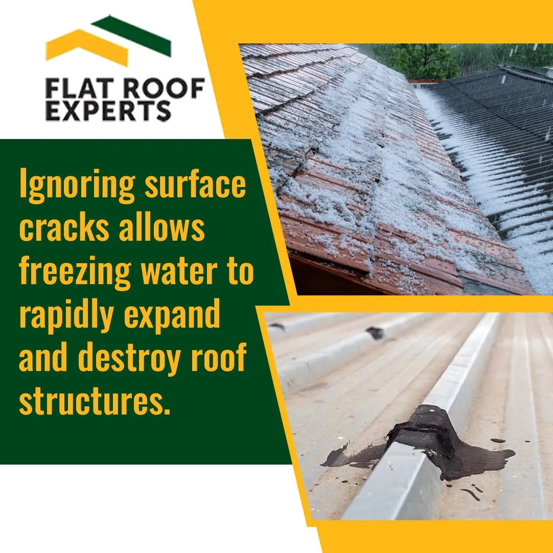 Commercial metal roof with surface cracks and sealant, illustrating the risk of freeze-thaw damage.