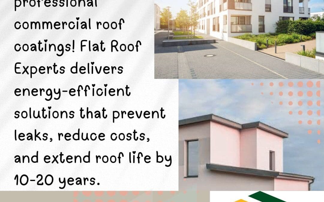 A collage advertising Flat Roof Experts' services in Akron, Ohio. The image features a large, modern white building with a flat roof, a second building with a light pink flat roof, and a logo for Flat Roof Experts.
