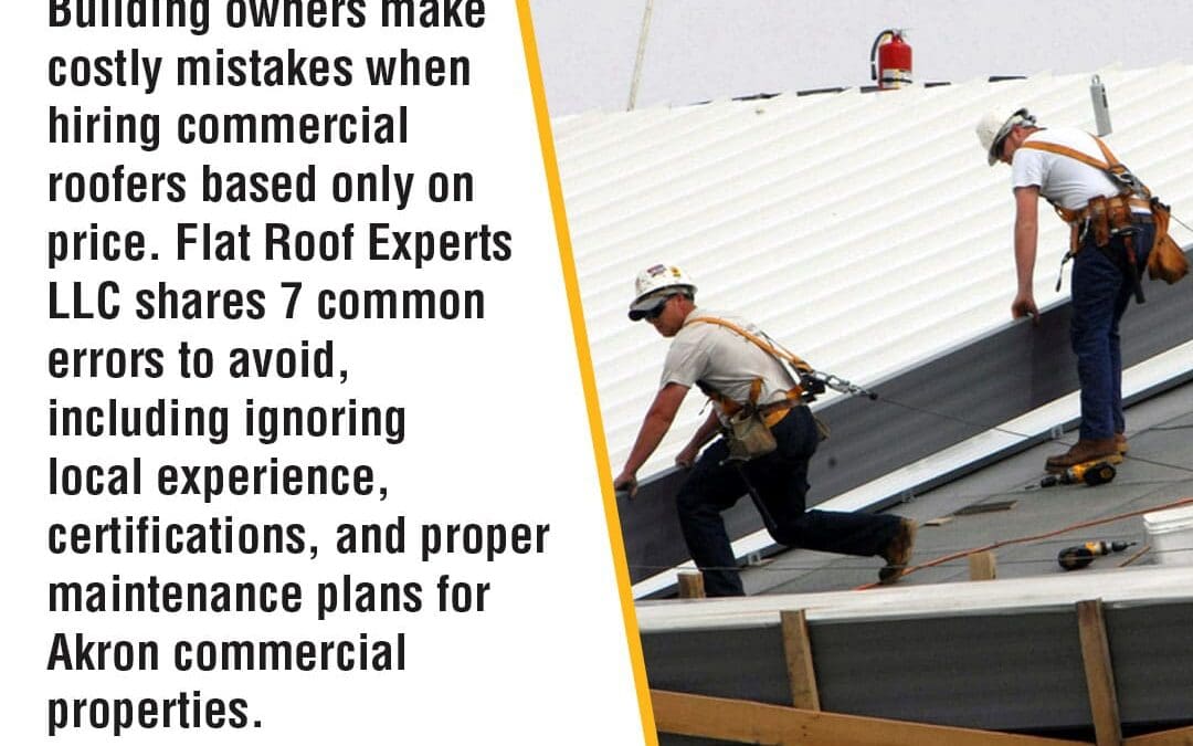 A "Flat Roof Experts" ad addressing common mistakes in hiring commercial roofers, particularly in Akron. Two roofers are installing dark panels on a commercial roof.