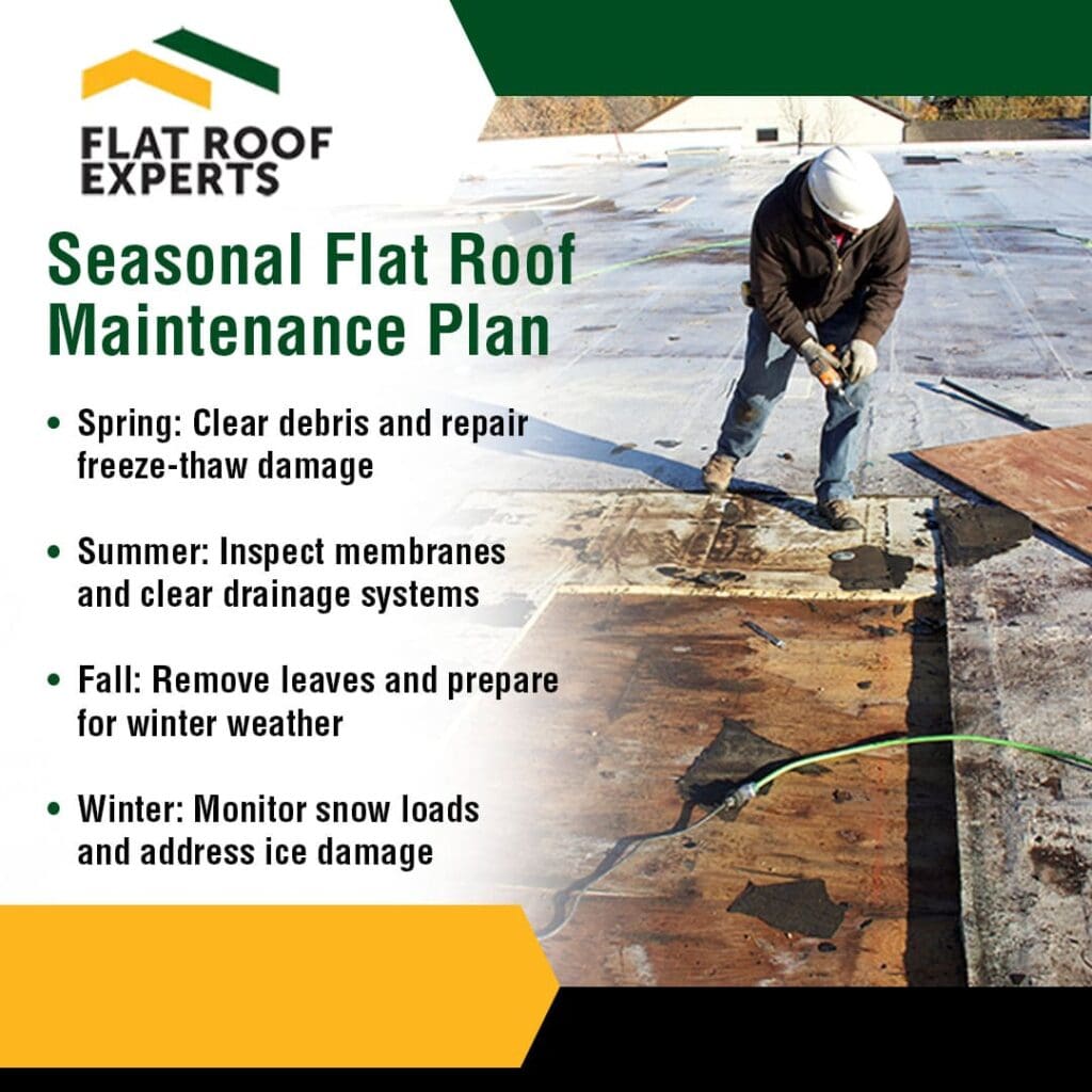 A "Flat Roof Experts" infographic detailing seasonal flat roof maintenance. The image shows a worker on a flat roof, repairing a section. The text lists tasks for Spring, Summer, Fall, and Winter.